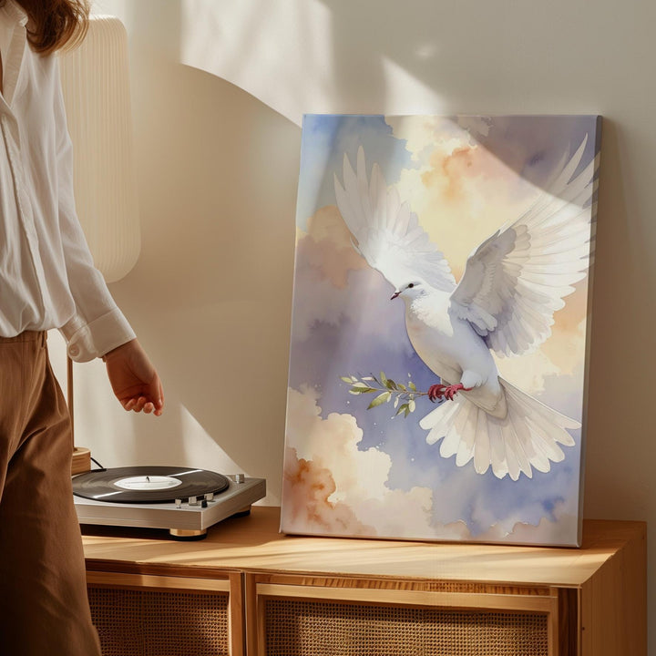 Watercolor Dove of Peace Canvas – Minimalist Christian Wall Art of the Holy Spirit and Grace - Gifitto