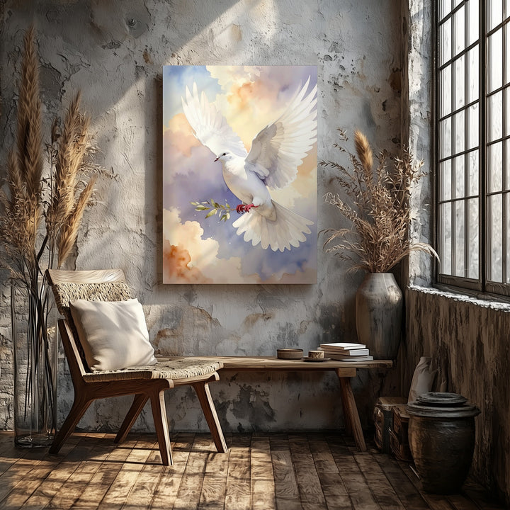 Watercolor Dove of Peace Canvas – Minimalist Christian Wall Art of the Holy Spirit and Grace - Gifitto
