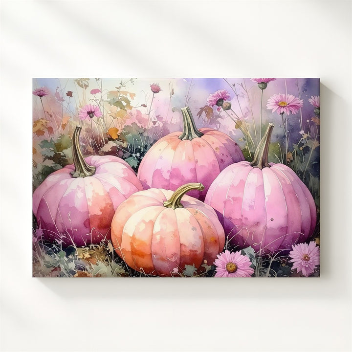 Blush Harvest Garden Canvas – Pale Pink Pumpkins with Wildflowers - Gifitto