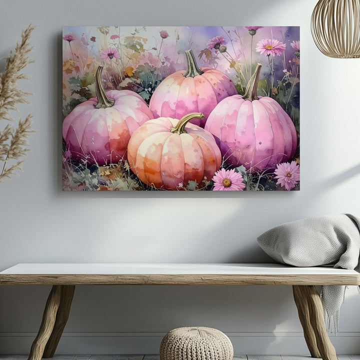 Blush Harvest Garden Canvas – Pale Pink Pumpkins with Wildflowers - Gifitto