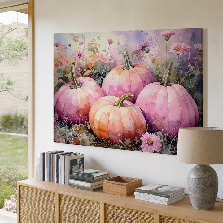 Blush Harvest Garden Canvas – Pale Pink Pumpkins with Wildflowers - Gifitto