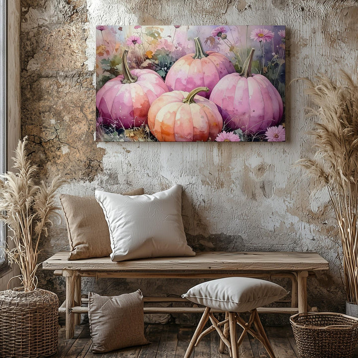 Blush Harvest Garden Canvas – Pale Pink Pumpkins with Wildflowers - Gifitto