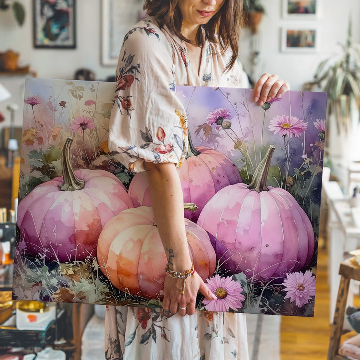 Blush Harvest Garden Canvas – Pale Pink Pumpkins with Wildflowers - Gifitto