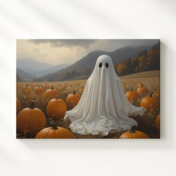 Pumpkin Patch Ghost Canvas – Whimsical Autumn Spirit in Countryside Setting - Gifitto