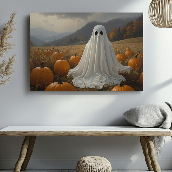 Pumpkin Patch Ghost Canvas – Whimsical Autumn Spirit in Countryside Setting - Gifitto