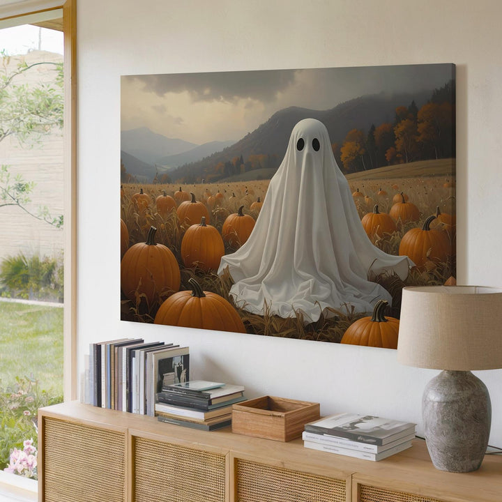 Pumpkin Patch Ghost Canvas – Whimsical Autumn Spirit in Countryside Setting - Gifitto