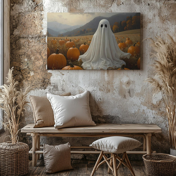 Pumpkin Patch Ghost Canvas – Whimsical Autumn Spirit in Countryside Setting - Gifitto