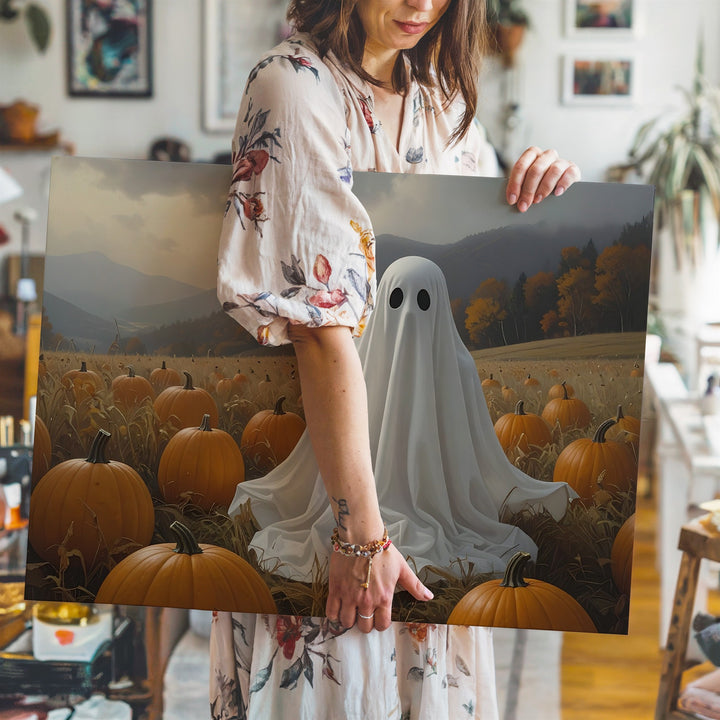 Pumpkin Patch Ghost Canvas – Whimsical Autumn Spirit in Countryside Setting - Gifitto