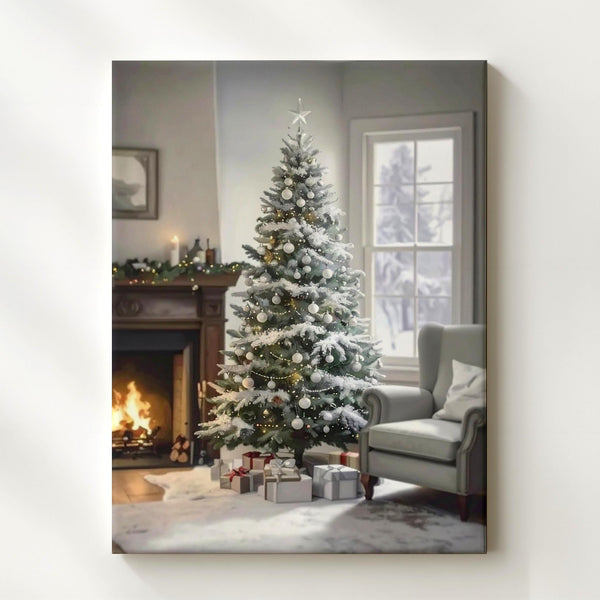 Frosted Christmas Tree by Fireplace Canvas – Elegant Holiday Interior Wall Art - Gifitto