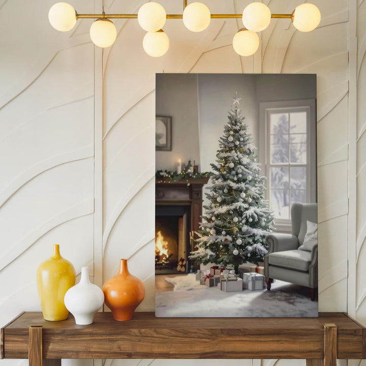 Frosted Christmas Tree by Fireplace Canvas – Elegant Holiday Interior Wall Art - Gifitto