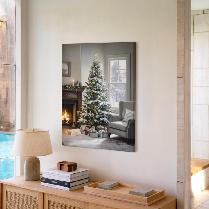 Frosted Christmas Tree by Fireplace Canvas – Elegant Holiday Interior Wall Art - Gifitto