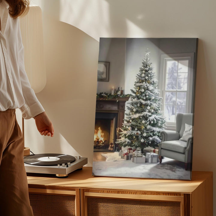 Frosted Christmas Tree by Fireplace Canvas – Elegant Holiday Interior Wall Art - Gifitto