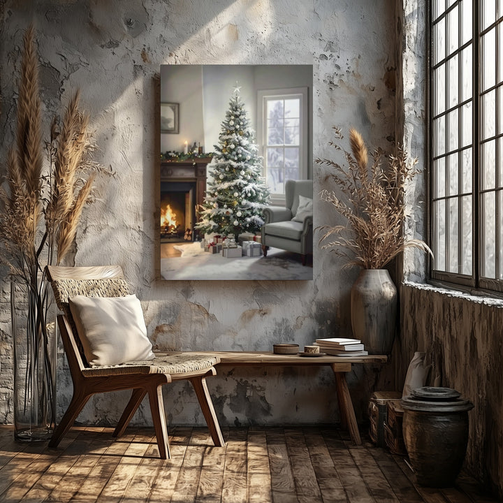 Frosted Christmas Tree by Fireplace Canvas – Elegant Holiday Interior Wall Art - Gifitto
