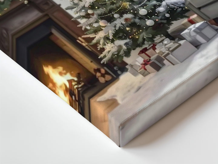 Frosted Christmas Tree by Fireplace Canvas – Elegant Holiday Interior Wall Art - Gifitto