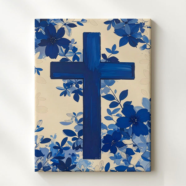 Floral Navy Blue Cross Canvas – Modern Christian Wall Art with Botanical Elegance - Gifitto