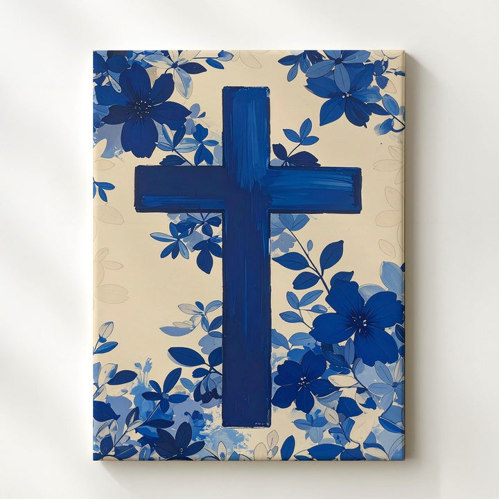Floral Navy Blue Cross Canvas – Modern Christian Wall Art with Botanical Elegance - Gifitto