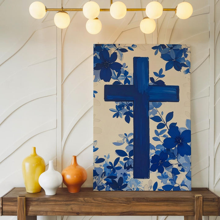 Floral Navy Blue Cross Canvas – Modern Christian Wall Art with Botanical Elegance - Gifitto