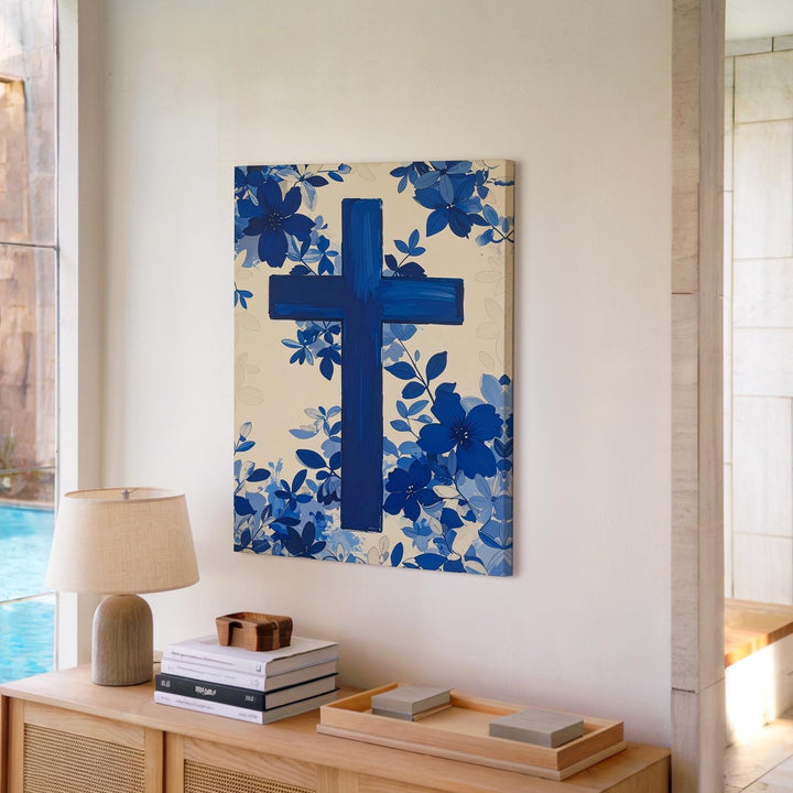 Floral Navy Blue Cross Canvas – Modern Christian Wall Art with Botanical Elegance - Gifitto