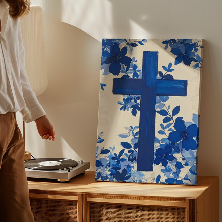 Floral Navy Blue Cross Canvas – Modern Christian Wall Art with Botanical Elegance - Gifitto