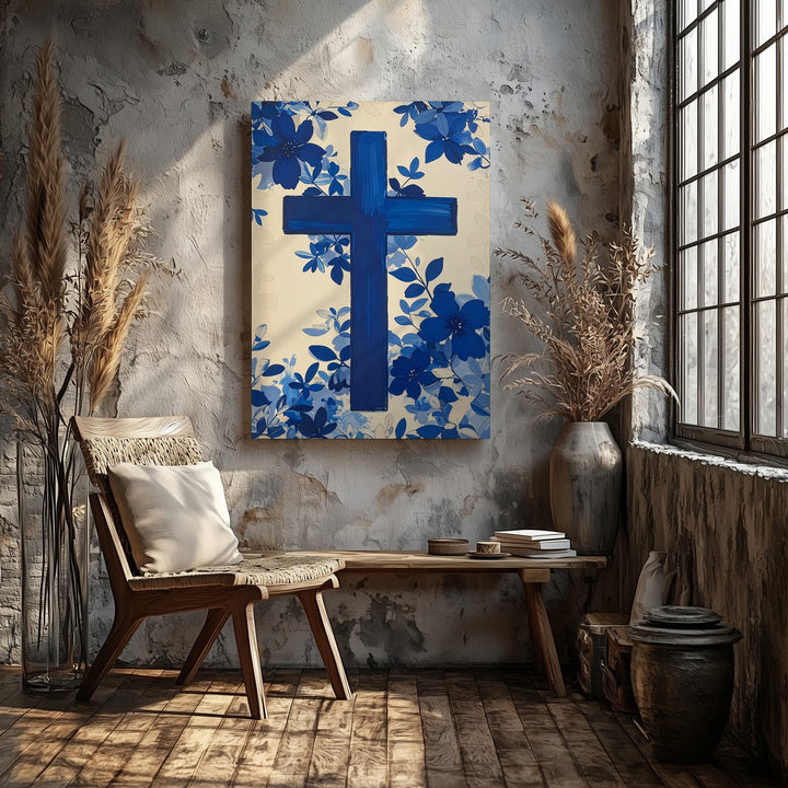 Floral Navy Blue Cross Canvas – Modern Christian Wall Art with Botanical Elegance - Gifitto