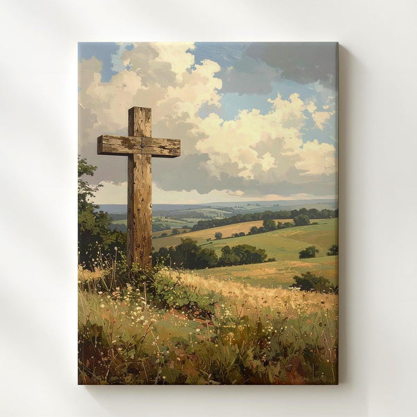 Wooden Cross in Countryside Canvas – Christian Wall Art of Rural Peace and Sacred Strength - Gifitto