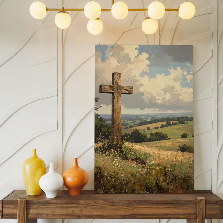 Wooden Cross in Countryside Canvas – Christian Wall Art of Rural Peace and Sacred Strength - Gifitto