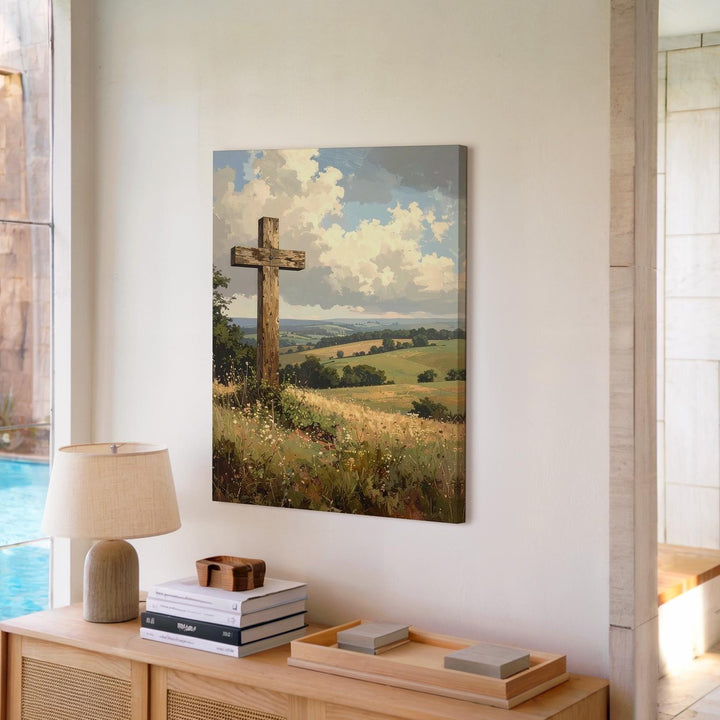 Wooden Cross in Countryside Canvas – Christian Wall Art of Rural Peace and Sacred Strength - Gifitto