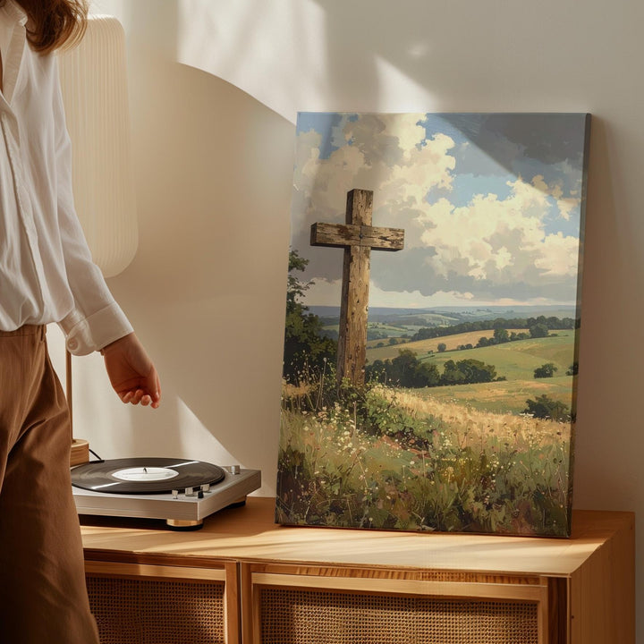 Wooden Cross in Countryside Canvas – Christian Wall Art of Rural Peace and Sacred Strength - Gifitto
