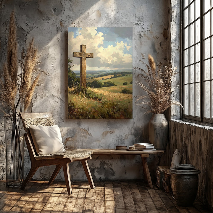 Wooden Cross in Countryside Canvas – Christian Wall Art of Rural Peace and Sacred Strength - Gifitto