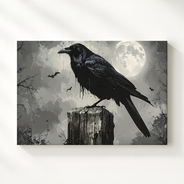 Moonlit Crow Canvas – Gothic Raven on Wooden Post with Mist & Bats - Gifitto