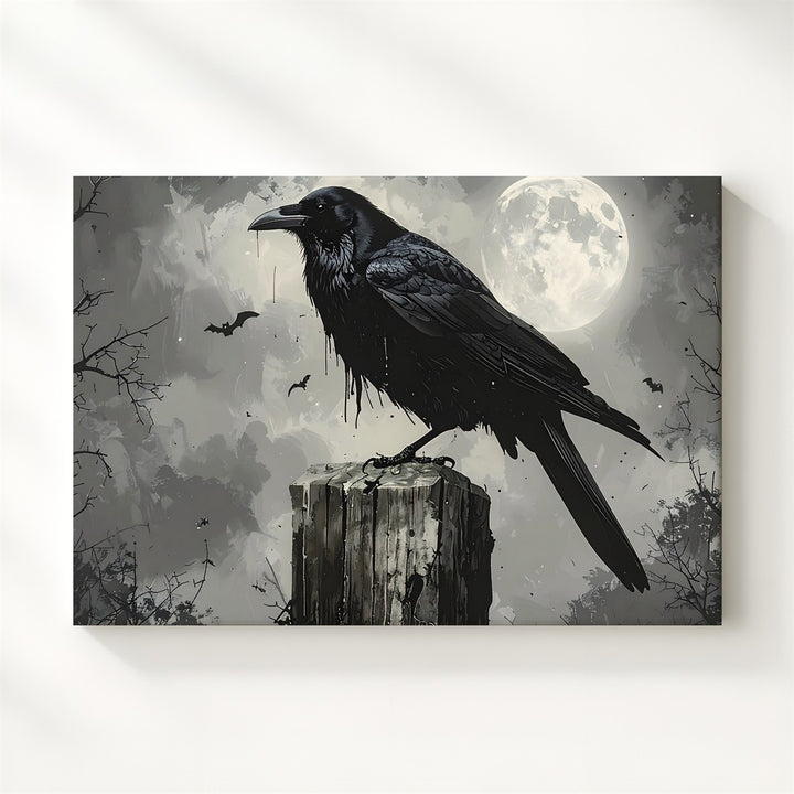 Moonlit Crow Canvas – Gothic Raven on Wooden Post with Mist & Bats - Gifitto