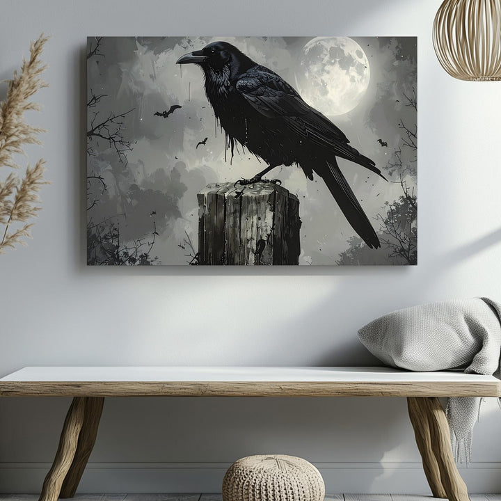 Moonlit Crow Canvas – Gothic Raven on Wooden Post with Mist & Bats - Gifitto