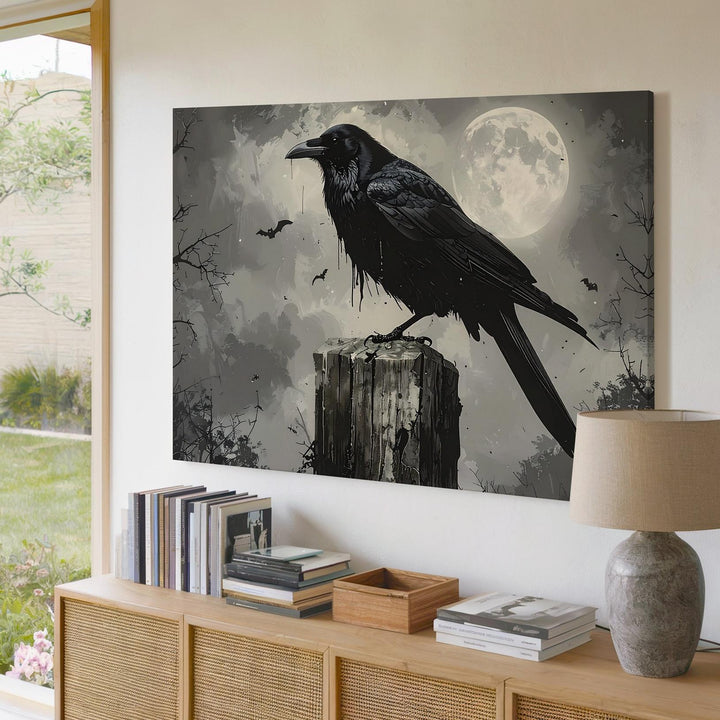 Moonlit Crow Canvas – Gothic Raven on Wooden Post with Mist & Bats - Gifitto