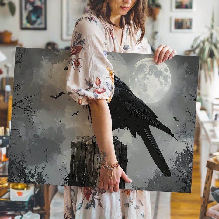 Moonlit Crow Canvas – Gothic Raven on Wooden Post with Mist & Bats - Gifitto