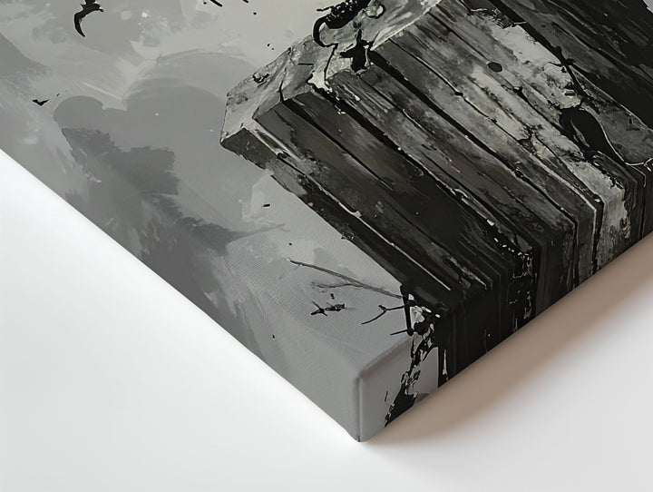 Moonlit Crow Canvas – Gothic Raven on Wooden Post with Mist & Bats - Gifitto