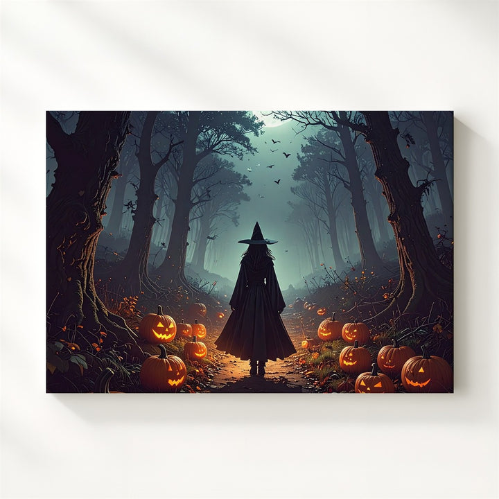 Cloaked Witch & Pumpkin Path Canvas – Enchanted Halloween Forest Art - Gifitto