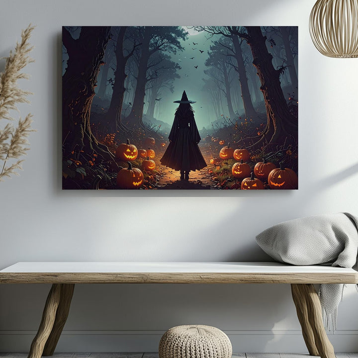 Cloaked Witch & Pumpkin Path Canvas – Enchanted Halloween Forest Art - Gifitto