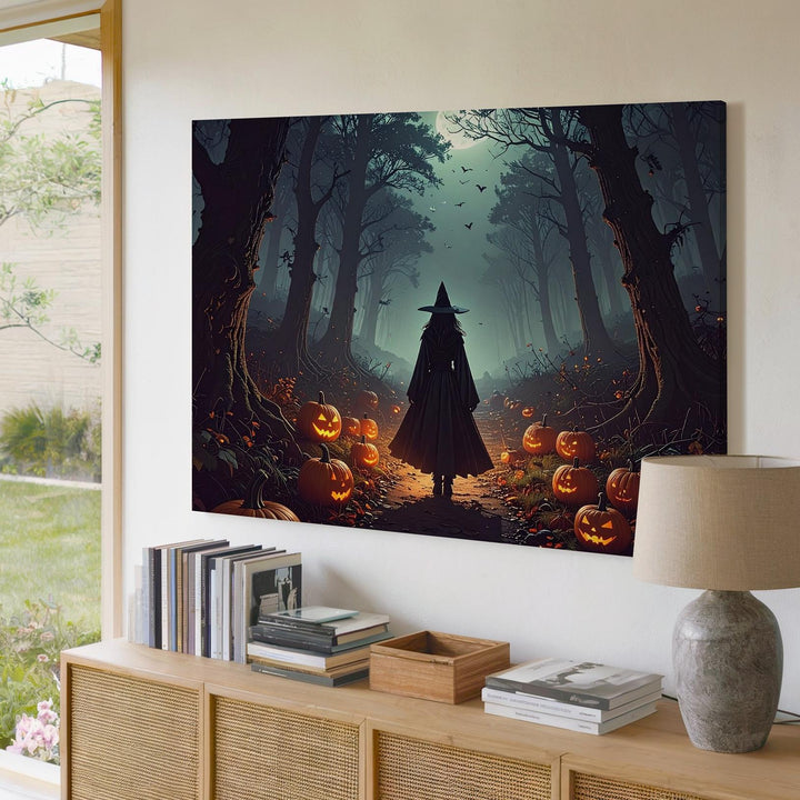 Cloaked Witch & Pumpkin Path Canvas – Enchanted Halloween Forest Art - Gifitto