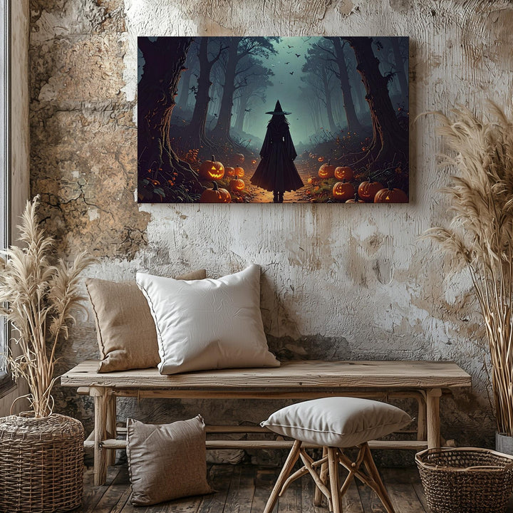 Cloaked Witch & Pumpkin Path Canvas – Enchanted Halloween Forest Art - Gifitto