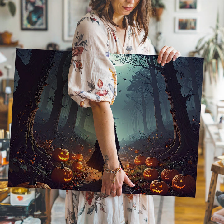 Cloaked Witch & Pumpkin Path Canvas – Enchanted Halloween Forest Art - Gifitto