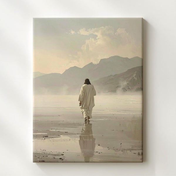 Jesus Walking in the Mist Canvas – Minimalist Christian Wall Art of Faith, Solitude, and Divine Journey - Gifitto