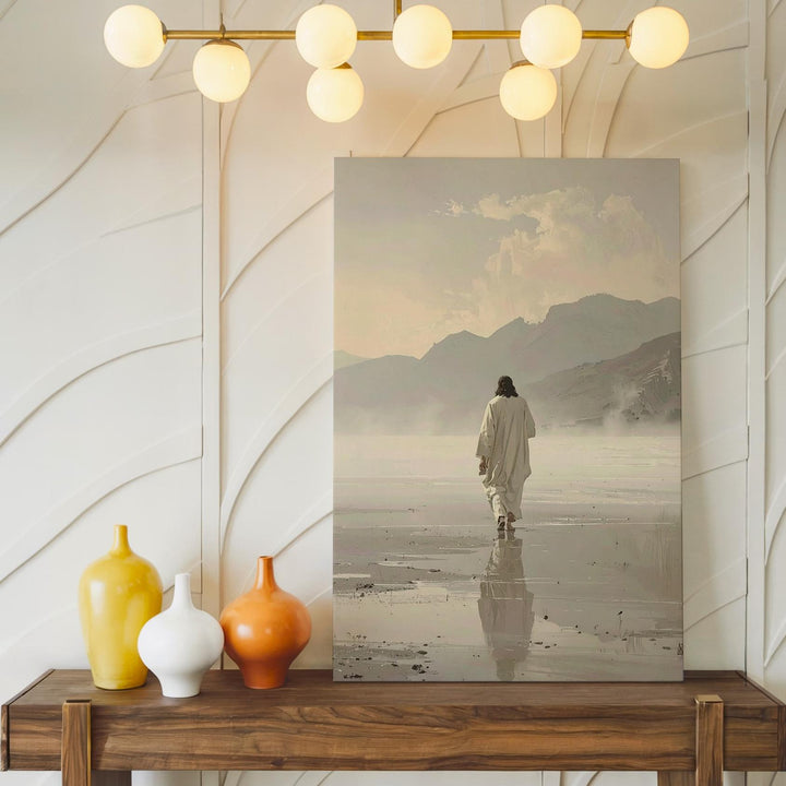 Jesus Walking in the Mist Canvas – Minimalist Christian Wall Art of Faith, Solitude, and Divine Journey - Gifitto