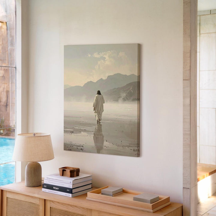Jesus Walking in the Mist Canvas – Minimalist Christian Wall Art of Faith, Solitude, and Divine Journey - Gifitto