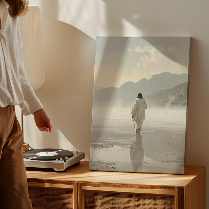 Jesus Walking in the Mist Canvas – Minimalist Christian Wall Art of Faith, Solitude, and Divine Journey - Gifitto