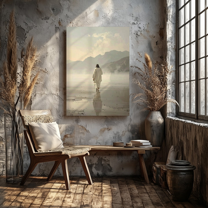 Jesus Walking in the Mist Canvas – Minimalist Christian Wall Art of Faith, Solitude, and Divine Journey - Gifitto