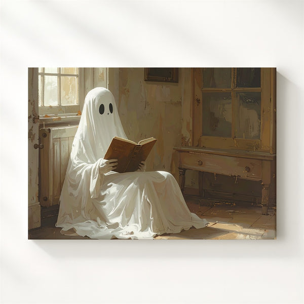 Reading Ghost Canvas – Thoughtful Halloween Spirit in a Cozy Room - Gifitto