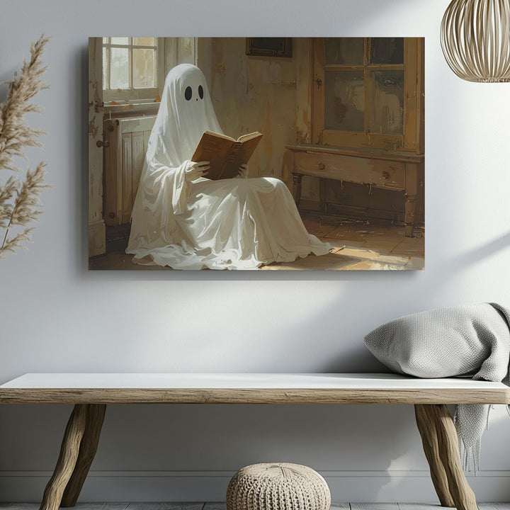 Reading Ghost Canvas – Thoughtful Halloween Spirit in a Cozy Room - Gifitto