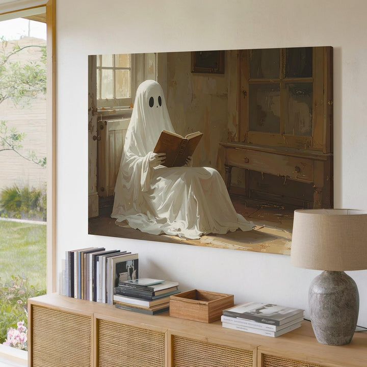 Reading Ghost Canvas – Thoughtful Halloween Spirit in a Cozy Room - Gifitto