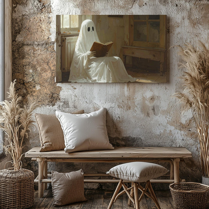Reading Ghost Canvas – Thoughtful Halloween Spirit in a Cozy Room - Gifitto