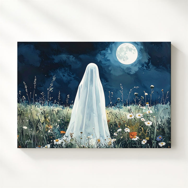 Ghost in Wildflower Meadow Canvas – Serene Moonlit Halloween Nature Art - Gifitto